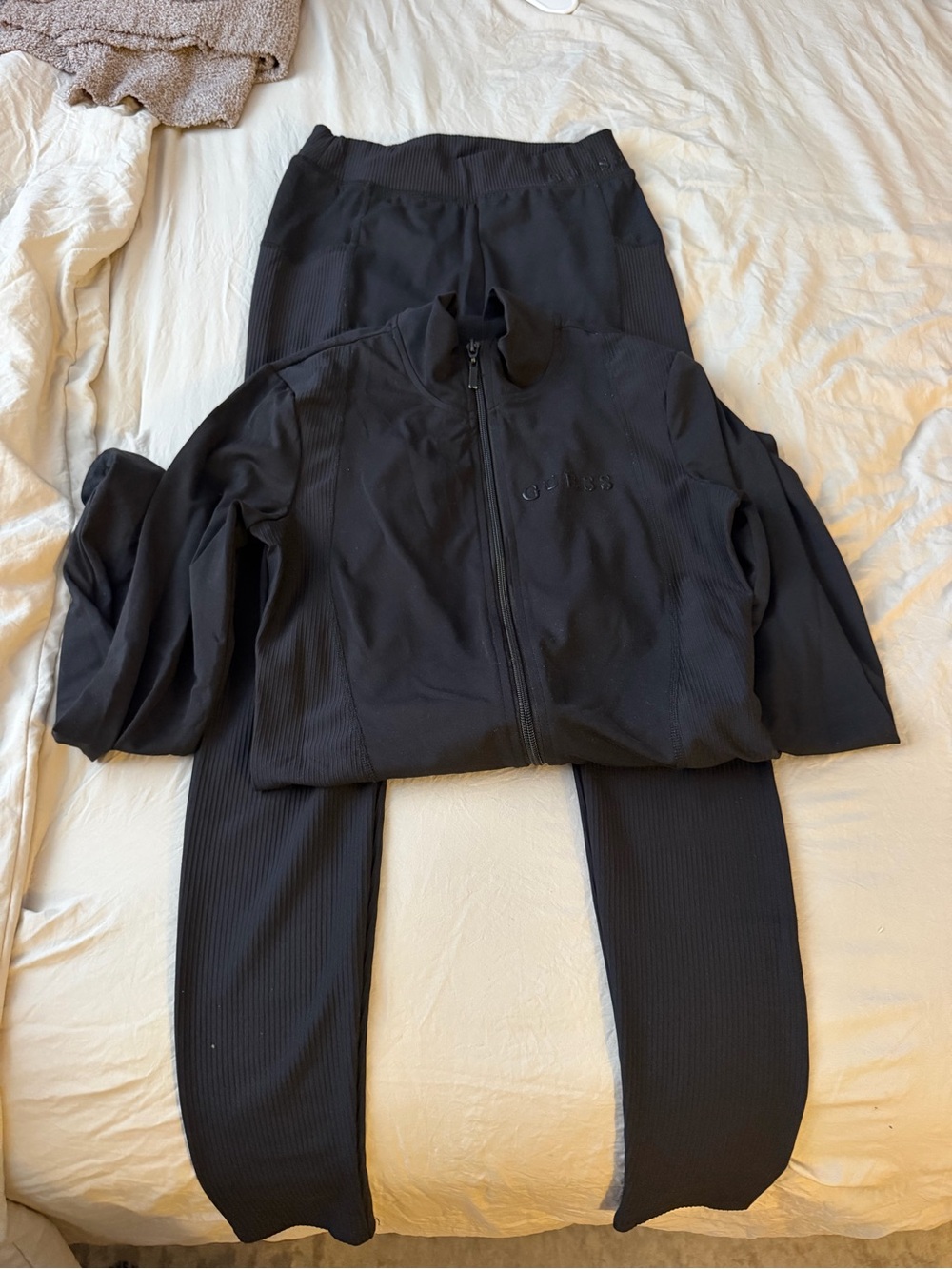 Guess Women's Black Ribbed Leggings with Zip-Front Jacket